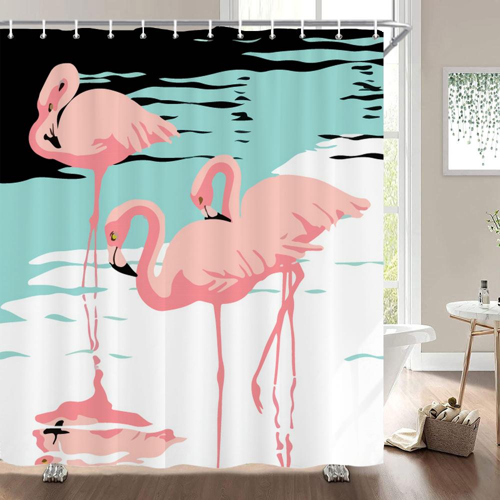 Flamingo Shower Curtain Fabric Waterproof Polyester Bathroom Curtains Pink Birds With Hooks 240X180 Decoration Bath Screen