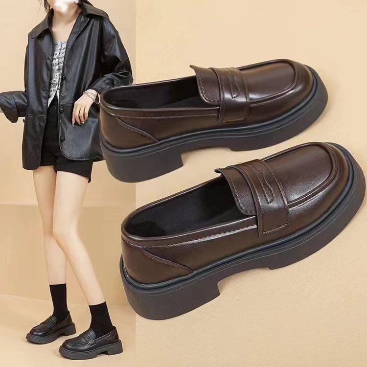 Nieuwe dikke zolen herfst verhogende Britse stijl zwarte kleine leren schoenen leren enkele schoenen