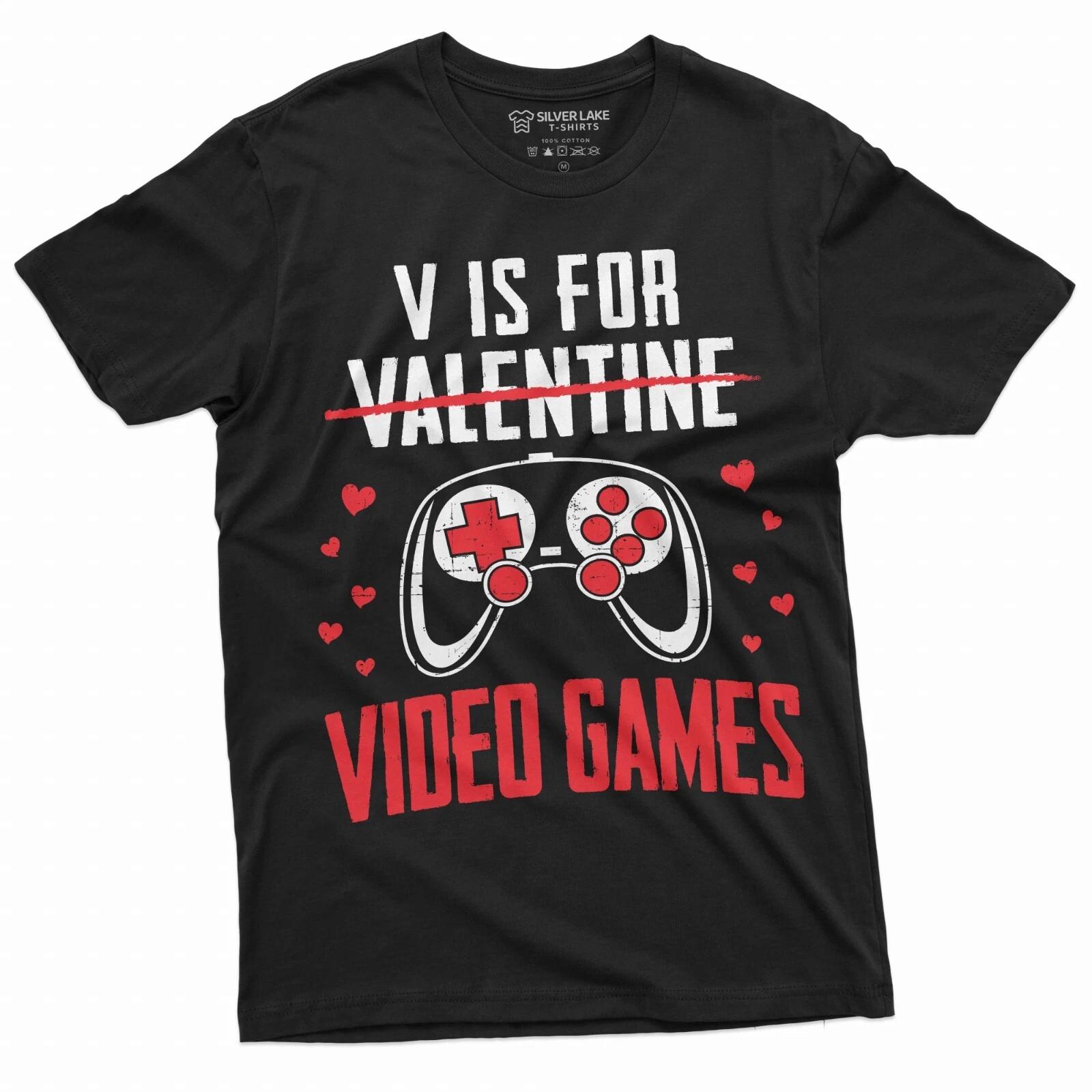 Men s Valentine s day Funny Gamer T-shirt V for Video Games Gaming Boyfriend Tee XL