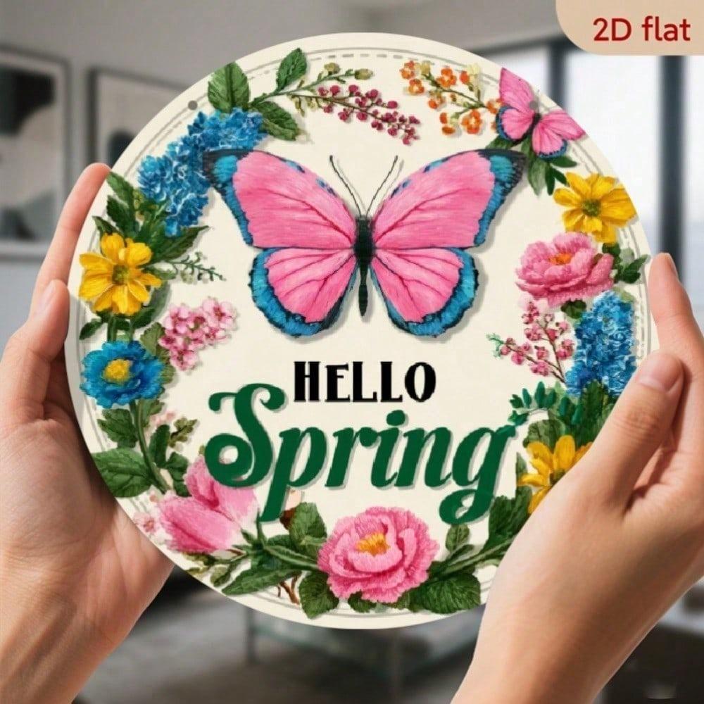 1pc Vintage Rustic Floral Wreath Metal Wall Art, 7.8x7.8 Inch Spring Butterfly & Foliage Aluminum Sign, 2D Flat Round Outdoor Home Decor