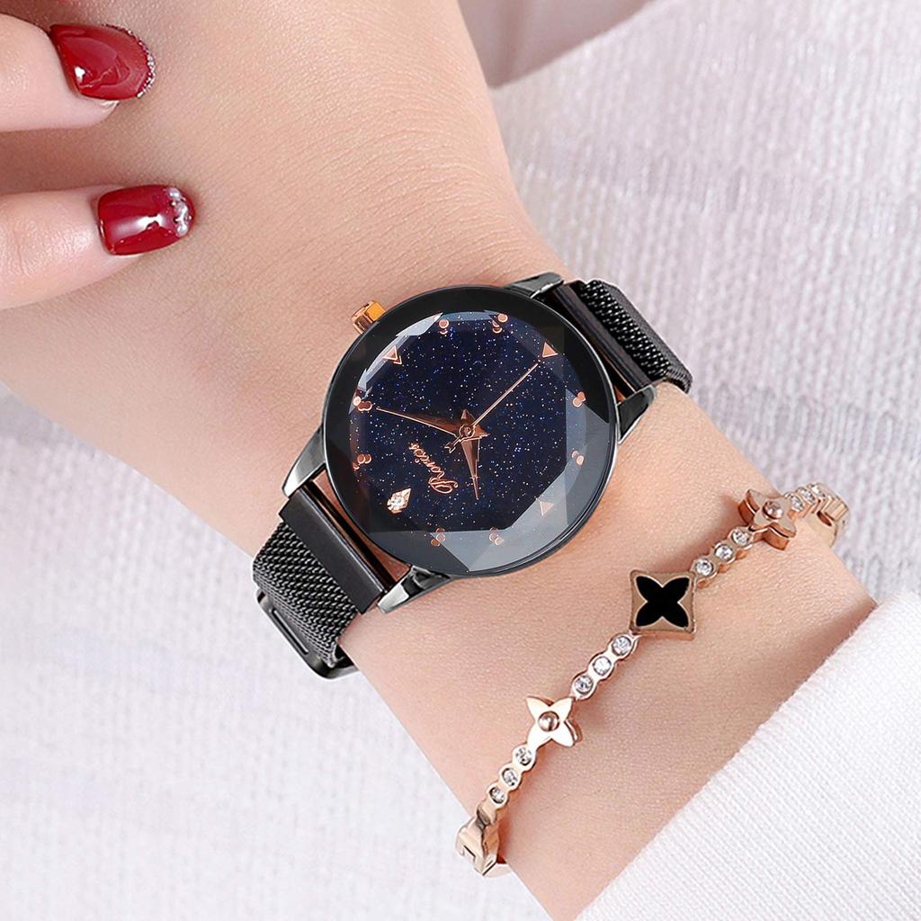 RORIOS Watch Watch Starry Sky Dial Glitter Waterproof Mesh Band Magnetic Buckle Quartz Casual Stylish Commuting To Work or School Black Women's