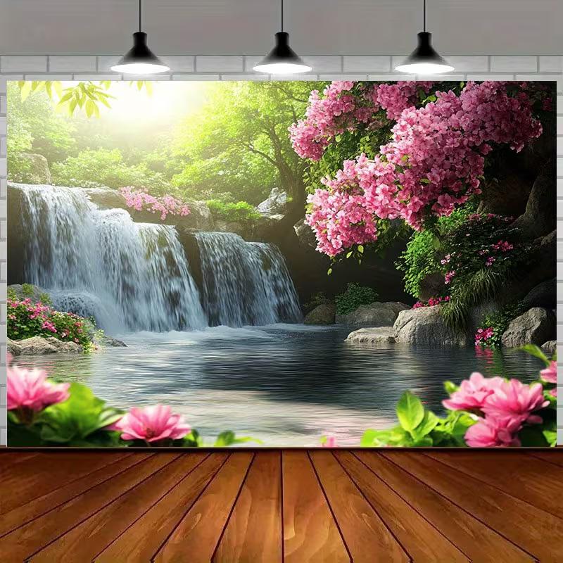 2D Serene Forest Waterfall Backdrop Blooming Nature Photography Background