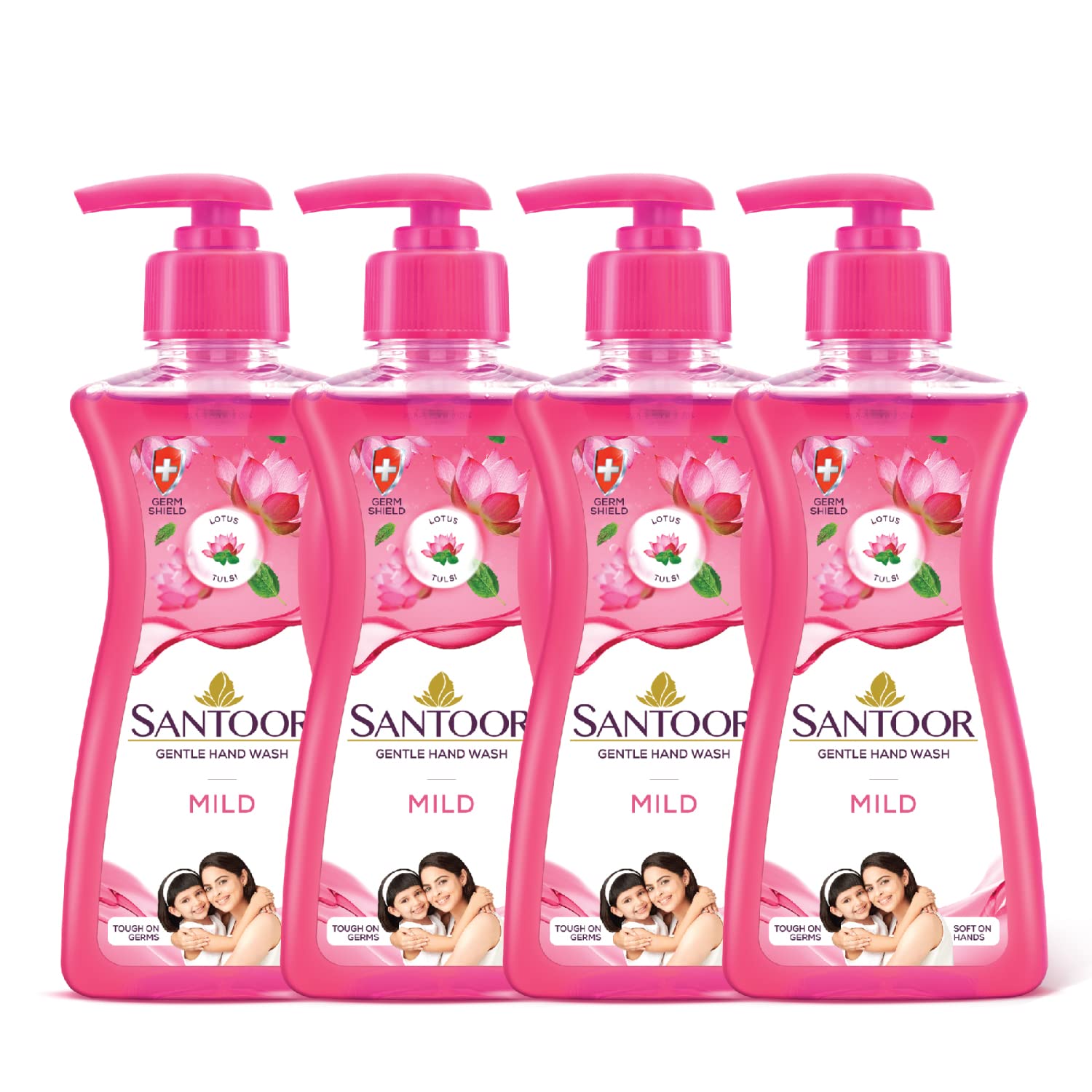 Santoor Mild Gentle Hand Wash 200ml, Pack of 4 with Goodness of Lotus & Tulsi| Rich Lathering Formula with Anti-Bacterial Properties| Soft on Hands| S