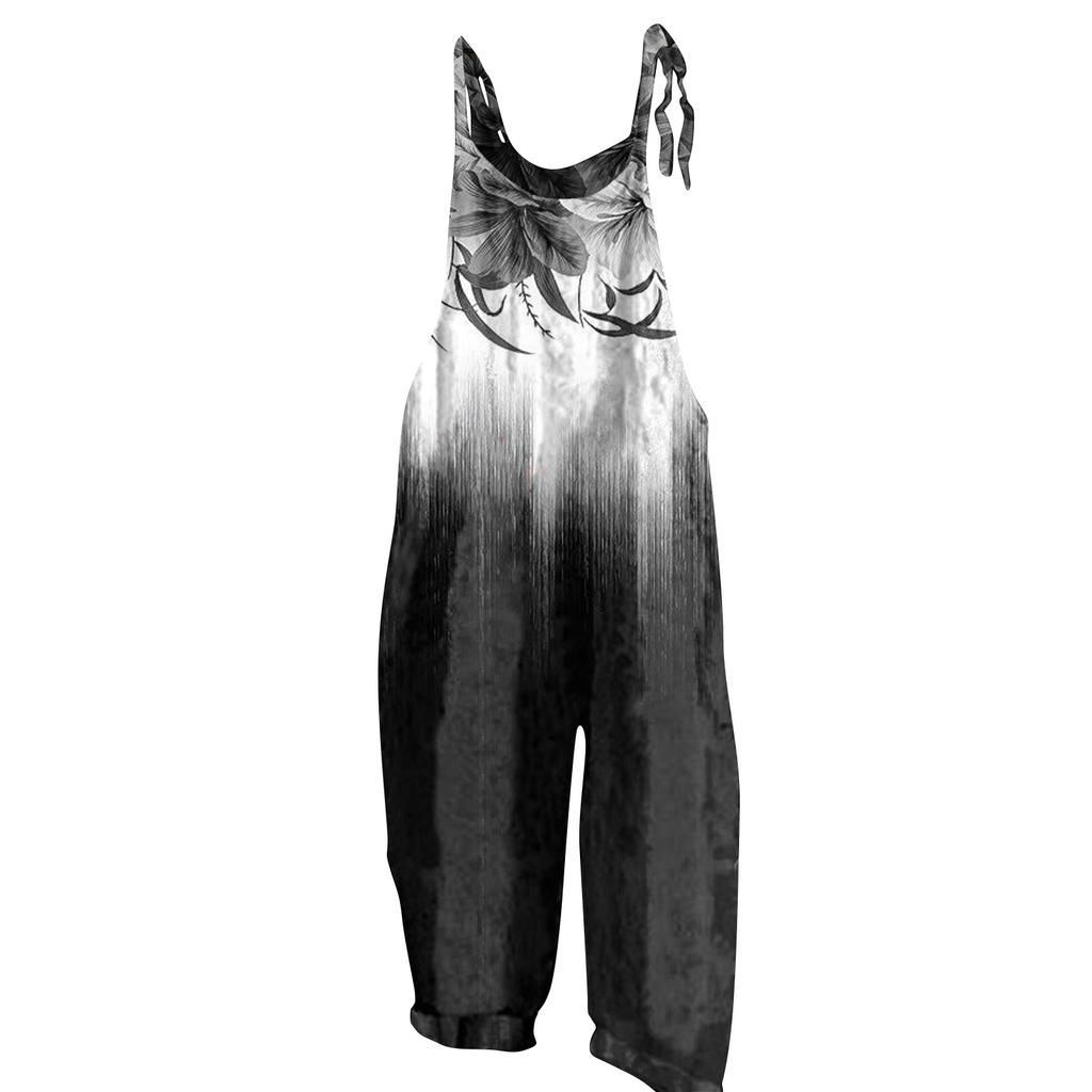 Kombinezon damski z nadrukiem, luźny, w stylu vintage, na ramiączkach, z bawełny i lnu