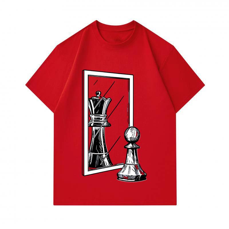 Men's 100% Cotton Crew Neck Short Sleeve T-Shirt, Funny Pawn Chess Piece Mirror Reflection Queen Print Casual Summer Fashion Tees for Chess Lovers Dai