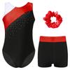 Girls Gymnastics Outfit Set Sleeveless Rhinestone Leotard with Matching Shorts and Hair Accessory