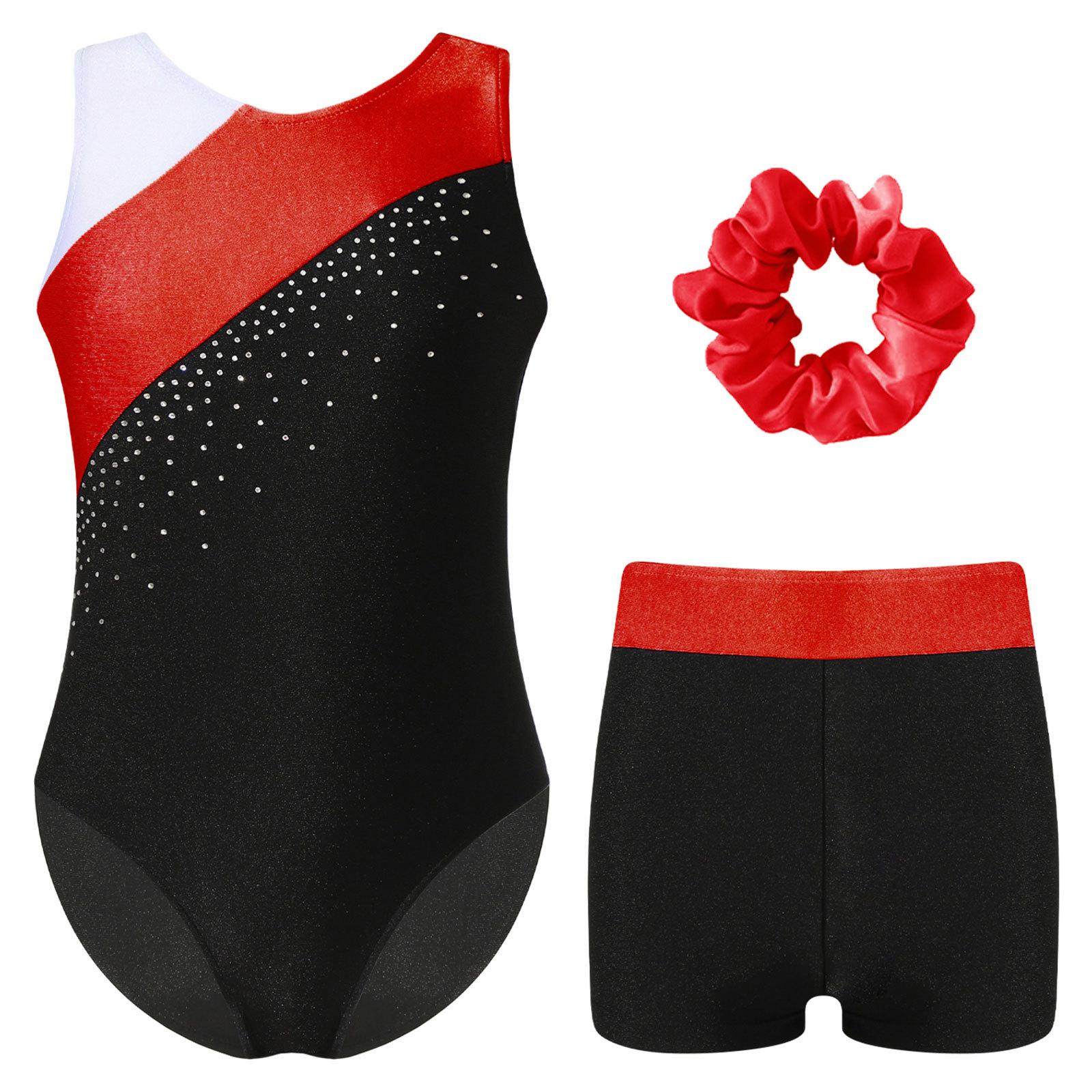

Girls Gymnastics Outfit Set Sleeveless Rhinestone Leotard with Matching Shorts and Hair Accessory 5-6 Years червоний