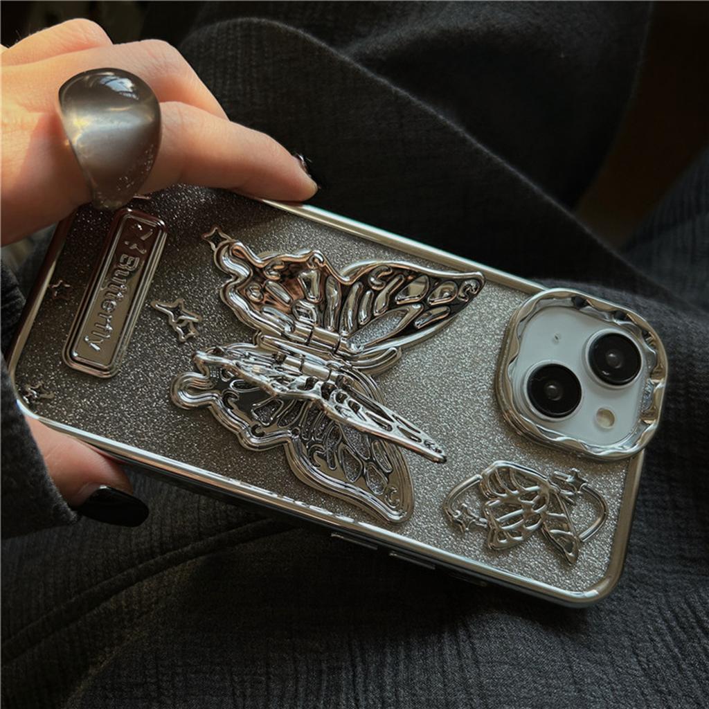 Luxury Plating 3D Butterfly Glitter Powder Phone Case for iPhone 15 14 13 12 11 Pro Max 15 Pro Stand Holder Soft TPU Case Cover