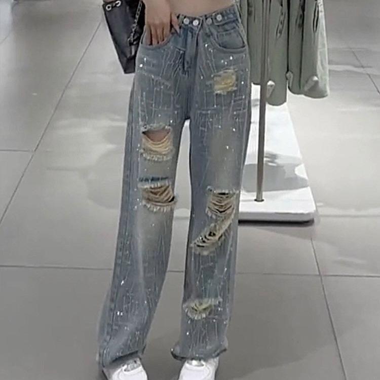 

Джинсы с высокой посадкой, рваные, прямого кроя, весна/осень 2024: Стиль городского трендсеттера S [Recommended 40-47.5 kg] синий