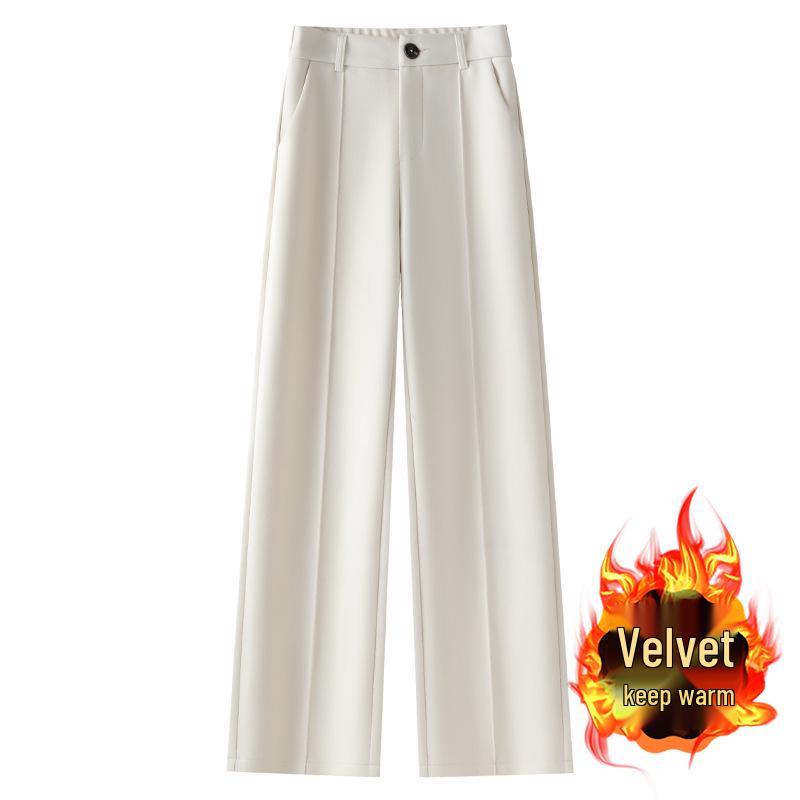

Beige Fleece-Lined Wide-Leg Woolen Pants for Women - New 2024 Autumn/Winter Collection L
