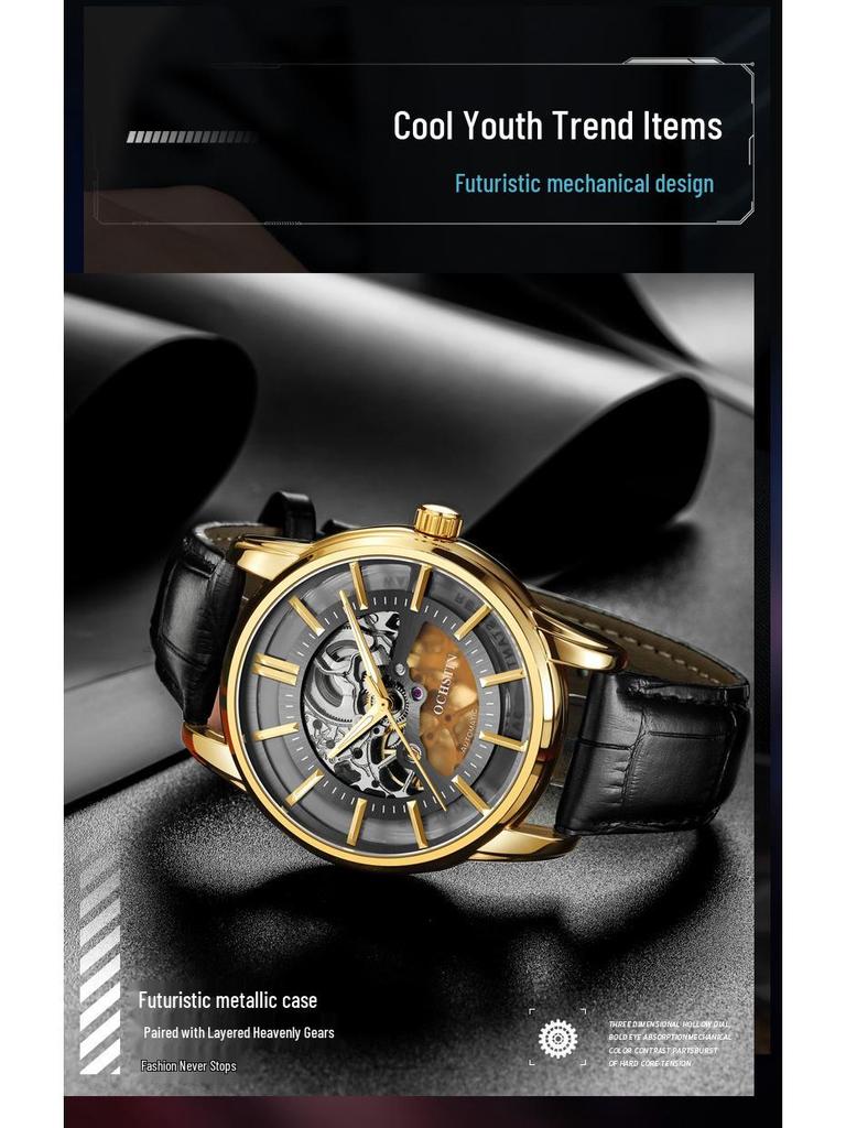 OCHSTIN Men's Skeleton Mechanical Watch - Genuine Leather, Waterproof, Fashionable Business Casual Wristwatch
