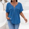 2026 Spring/Summer New Plus Size Solid Color Women's V-Neck T-Shirt Loose Top with Zipper Short Sleeves and Faux Pockets