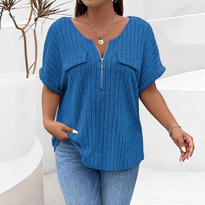 2026 Spring/Summer New Plus Size Solid Color Women's V-Neck T-Shirt Loose Top with Zipper Short Sleeves and Faux Pockets