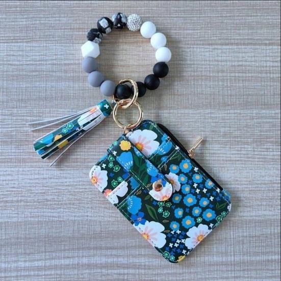 Ladies Floral Wristlet Wallet Boho Style Coin Purse Keychain with Tassel Elastic