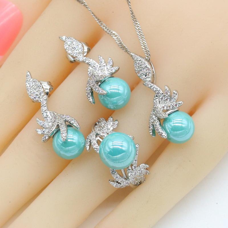 Weiß Perle Farbe Hochzeitsschmuck Sets Für Frauen Ohrringe Halskette Anhänger Ring Zirkonia Armband Geburtstagsgeschenk