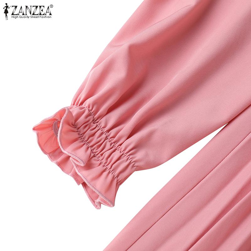 ZANZEA Women Casual Round Neck Solid Color Loose Long Sleeve Dress