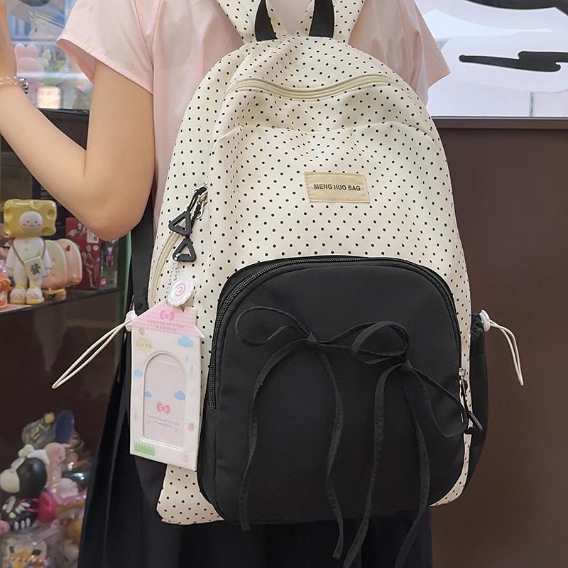 Schoolbag Cute Sweet Girl Backpack Female Student Class Versatile School Bag Korean College Style Bow Polka Dot Backpack