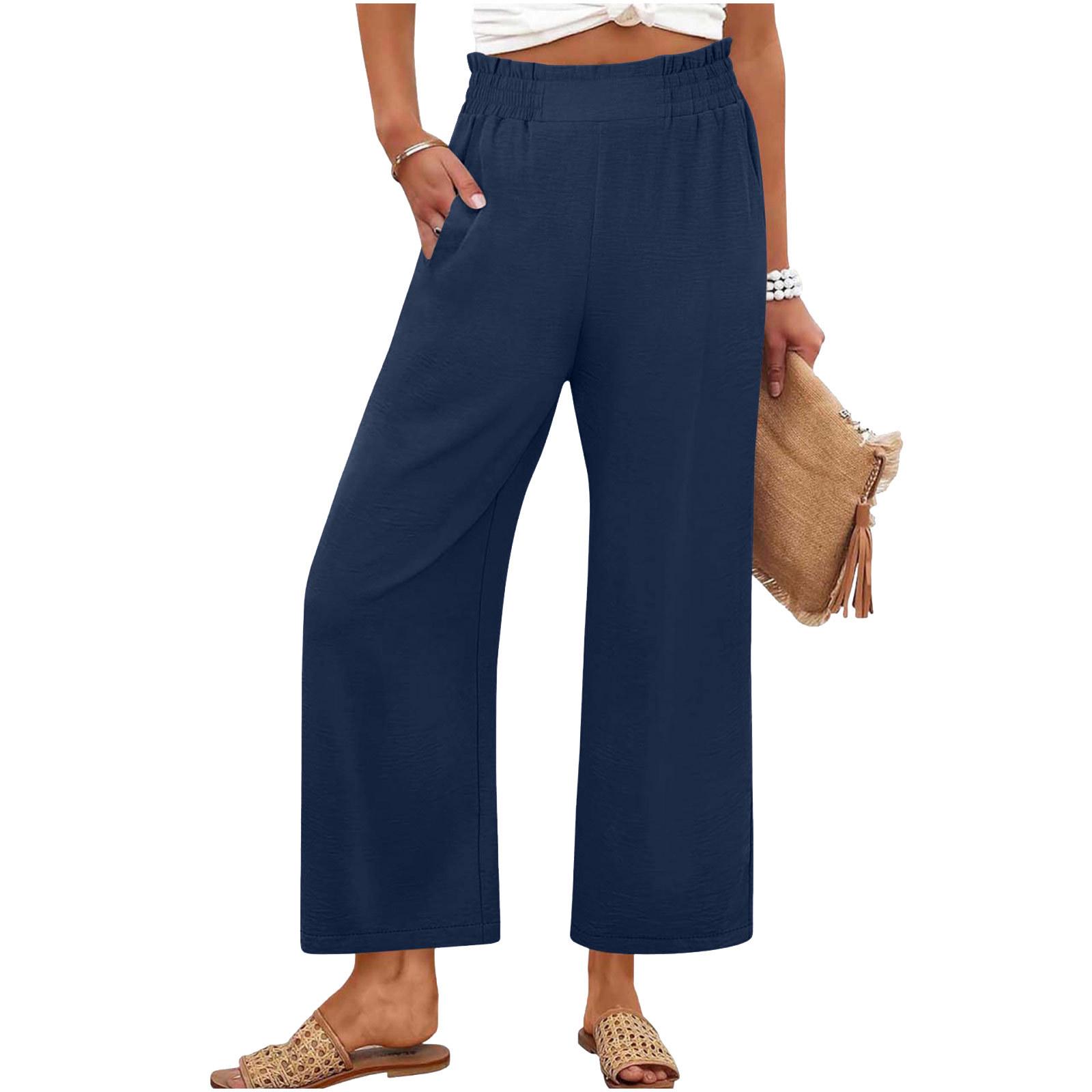 

Women s Loose Straight-Leg Lace Pleated Summer Pants with Pockets L Темно-синій