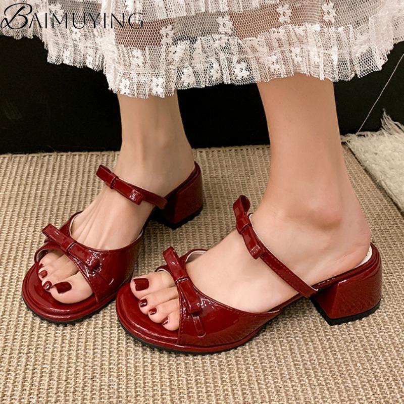 Fashion Women Slippers Bow Sandals Square Toe High Heels Shoes Woman Summer 2025 Trend Elegant Dress Pumps Open Toe Sandalias De Mujer