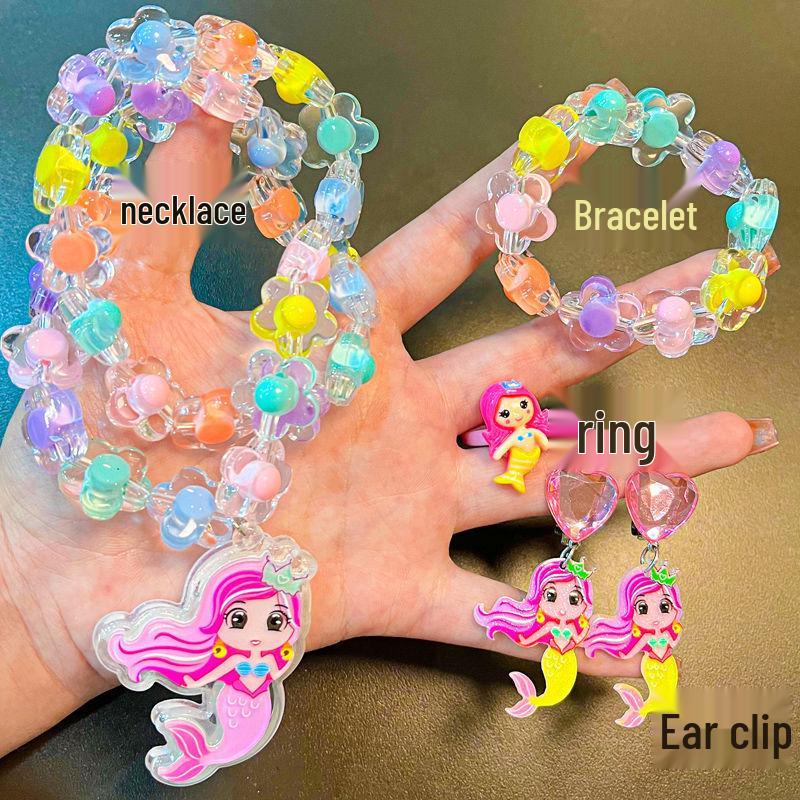 Children's Mermaid Jewelry Set: Necklace, Bracelet, Ear Clips, Rings - Cute Princess Design