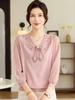 Spring V-neck Knit Top with Gauze Sleeves for Middle-aged and Elderly Women, Long-sleeved, Stylish, Age-Reducing Base Layer Set
