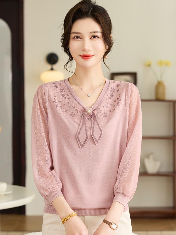 Spring V-neck Knit Top with Gauze Sleeves for Middle-aged and Elderly Women, Long-sleeved, Stylish, Age-Reducing Base Layer Set