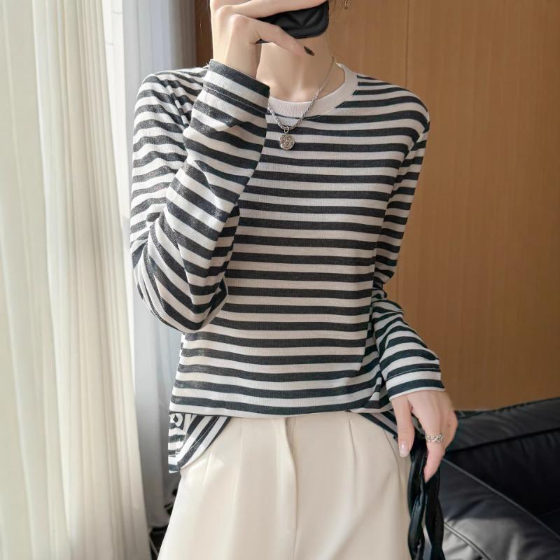 Women S Striped Crew Neck Loose Long Sleeve Knit T Shirt Casual Top