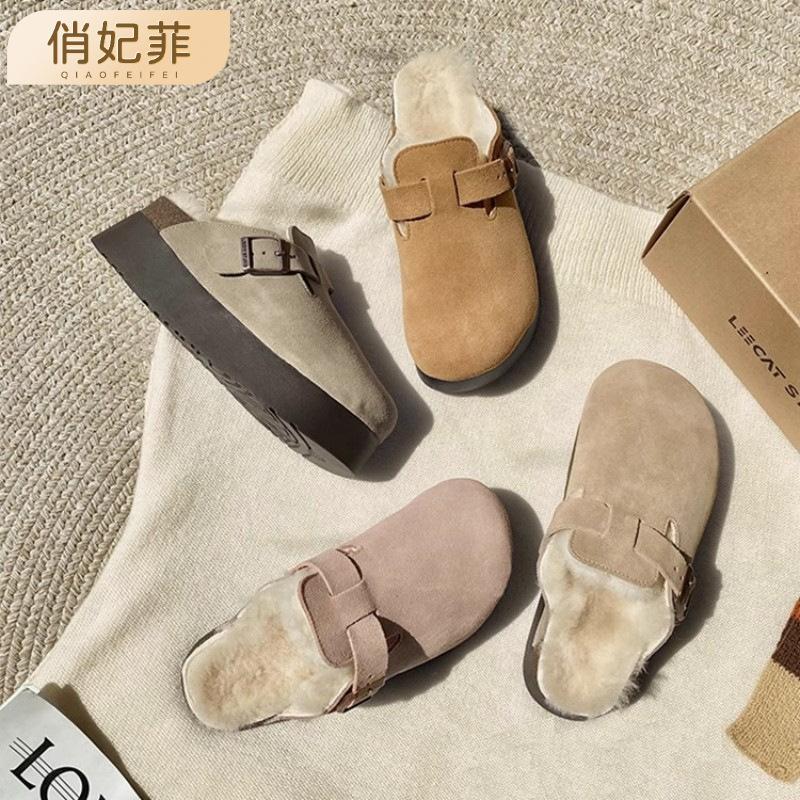 thick-soled velvet shoes for women's winter bag head half-towed fluffy slippers for women to increase their height and wear cotton shoes