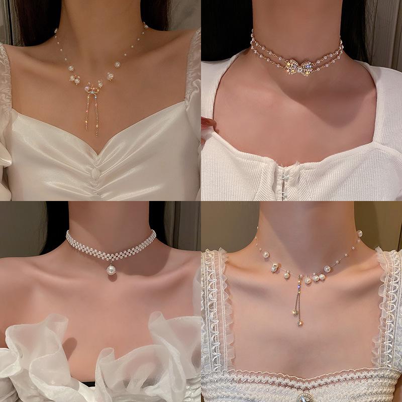 Koreaanse Retro Parel Strass Kwast Choker met Bloem Strik Design