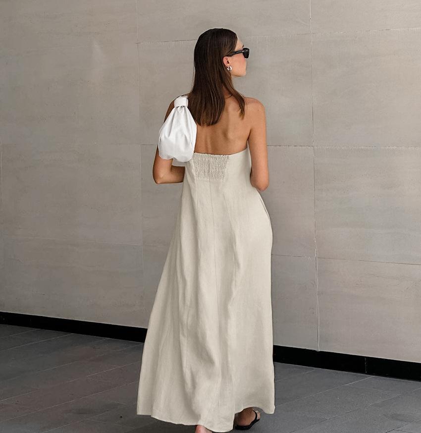 LYRIA French Khaki Cotton Linen Strapless Vacation Style High-waist Dress Backless European and American Summer New Style Long Dress for Women