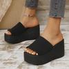 2025 summer new large size solid color wedge heel one-word slippers women wear thick-soled knitted mesh wedge heel cool slippers