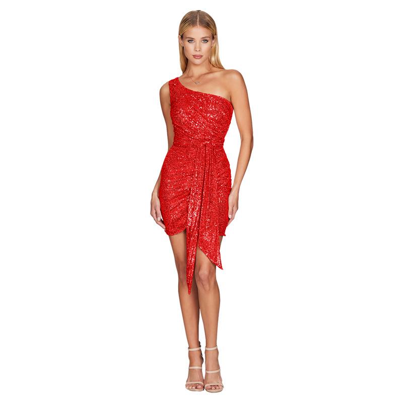 Women's One-Shoulder Sequin Bodycon Dress - Sweet and Spicy Style