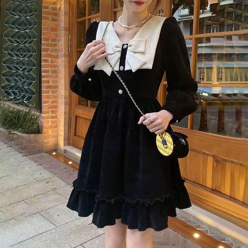French Retro Bow Dress Niche New Autumn and Winter Short Black Bottoming Fashion Skirt