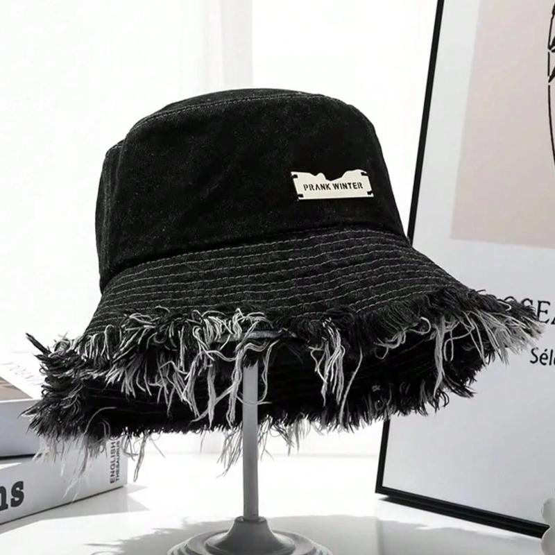 1 solid color worn-out bucket cap with letter logo decoration, vintage neutral sunscreen bucket cap, suitable for daily wear