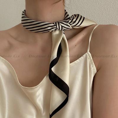 Lenço de seda quadrado imitação preto e branco listrado envoltório de cabeça para mulheres lenço de pescoço multifuncional com sensação de seda