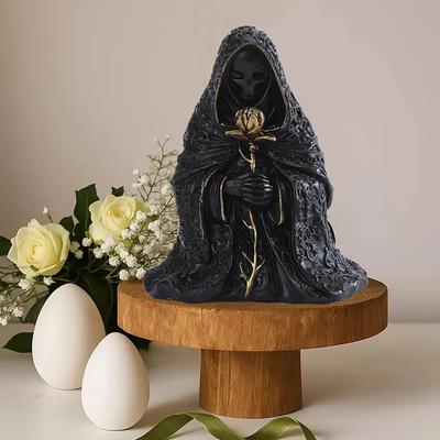 Robe Gótica Preta Figura Encapuzada Escultura de Resina Estátua de Mago Místico Ornamento de Halloween Decoração de Mesa Para Casa ou Escritório