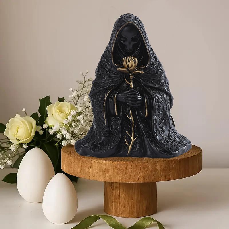 Gothic Black Robe Hooded Figure Resin Sculpture Mystical Wizard Statue Halloween Ornament Desk Decor For Home Or Office