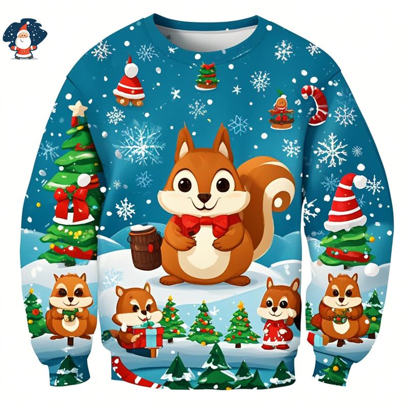 Funny Christmas 3D Printed Sweatshirts Cute Squirrels Graphic Ugly Christmas Sweater Christmas Jumpers Fashion Christmas Sweater