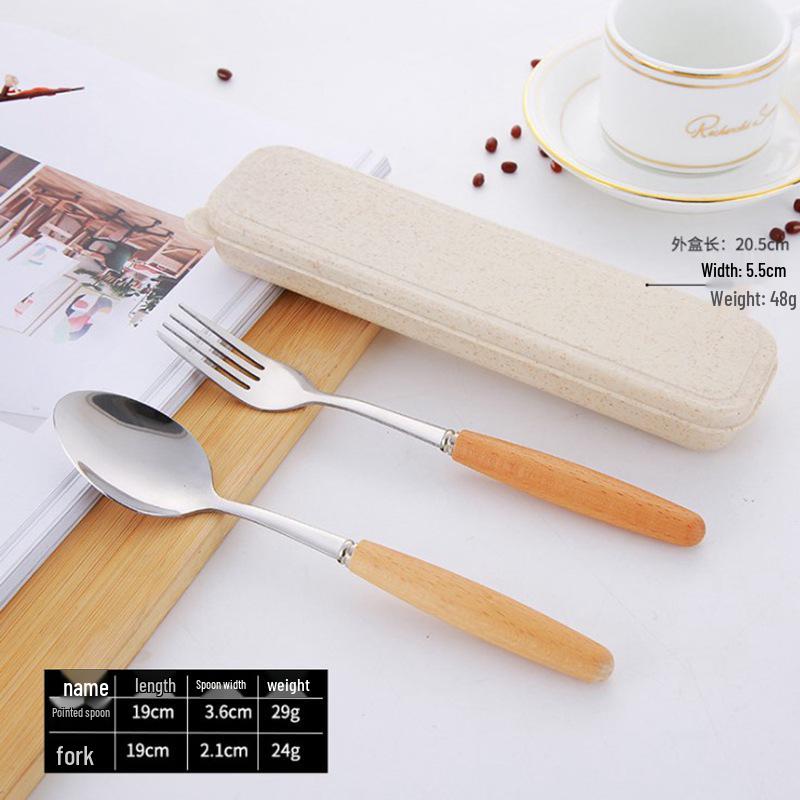 Stainless Steel Cutlery Set with Wooden Handles - Includes Chopsticks, Fork & Spoon for Students and Outdoor Travel.