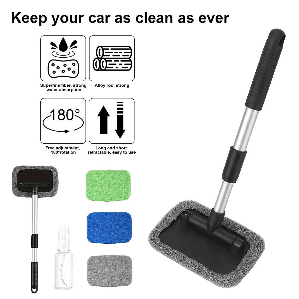 Windshield Cleaning Tool Windshield Cleaning Rod Automatic Window Cleaner With 4 Reusable Cloth Pads Car Cleaning Accessories