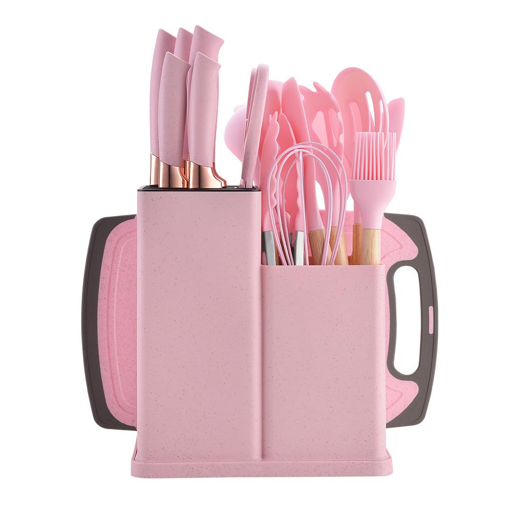Custom Wholesale 19 Kitchenware Set Silicone Utensil Cuttings Board Storage Wooden Handle Bucket Knife Non Stick Kitchenware Set Routine