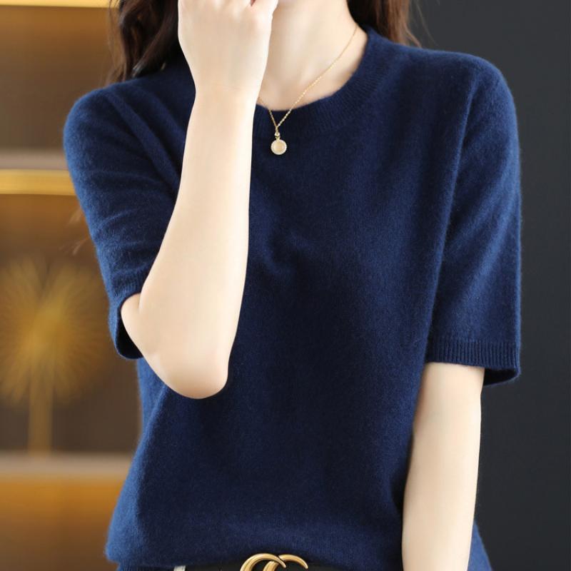 Women's Spring and Summer Short-sleeved Women O-neck Slim Pullover Vest T-shirt Knitted Base Sweater