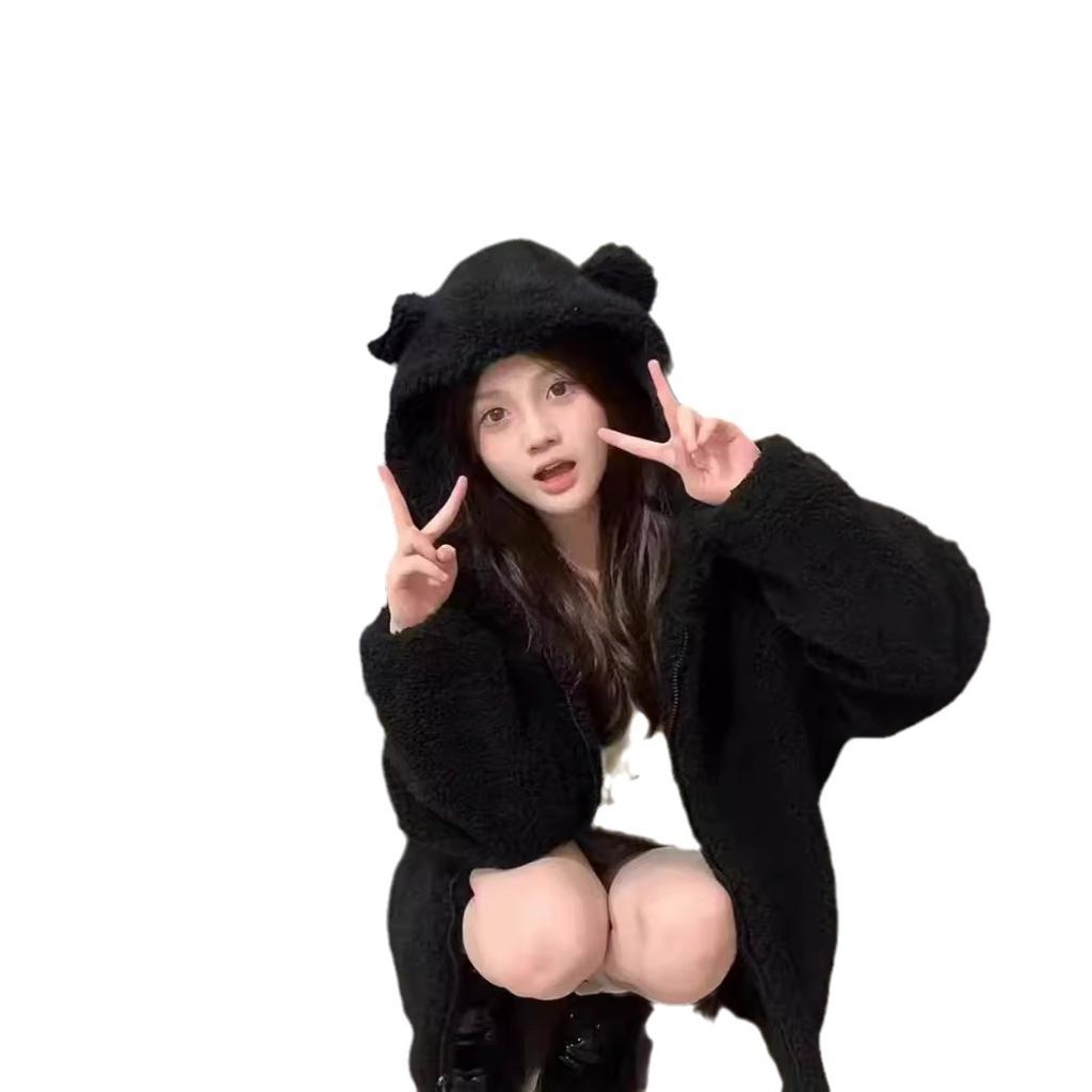 Lamb Wool Bear Ear Hooded Sweatshirt Jacket Women Autumn Winter Thick Plush Coat