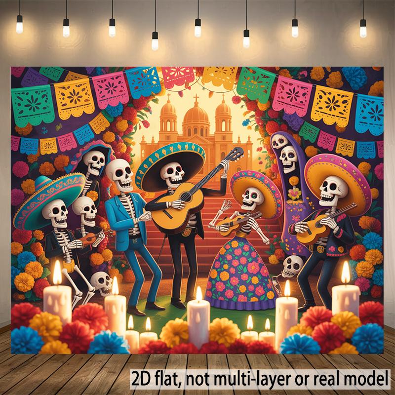 2D flat banner for the Mexican Day of the Dead party - - - Vibrant Day of the Dead decorations including skulls 100x150cm