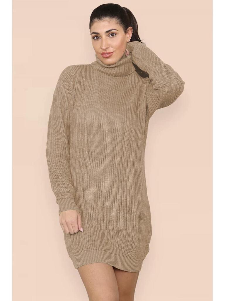 Women's Knitted Turn-Down Collar Sweater Dress - Loose Mid-Length Solid Color Pullover