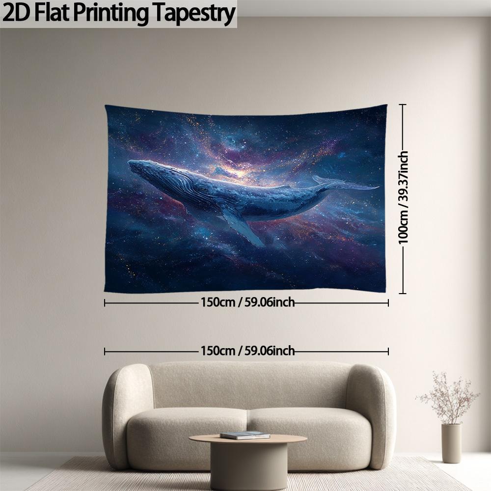 2D Flat Celestial Whale Wall Hanging, Deep Blue Cosmic Ocean Scene with Bright Whale and Starry Night Sky, Horizon, 1 Pc.