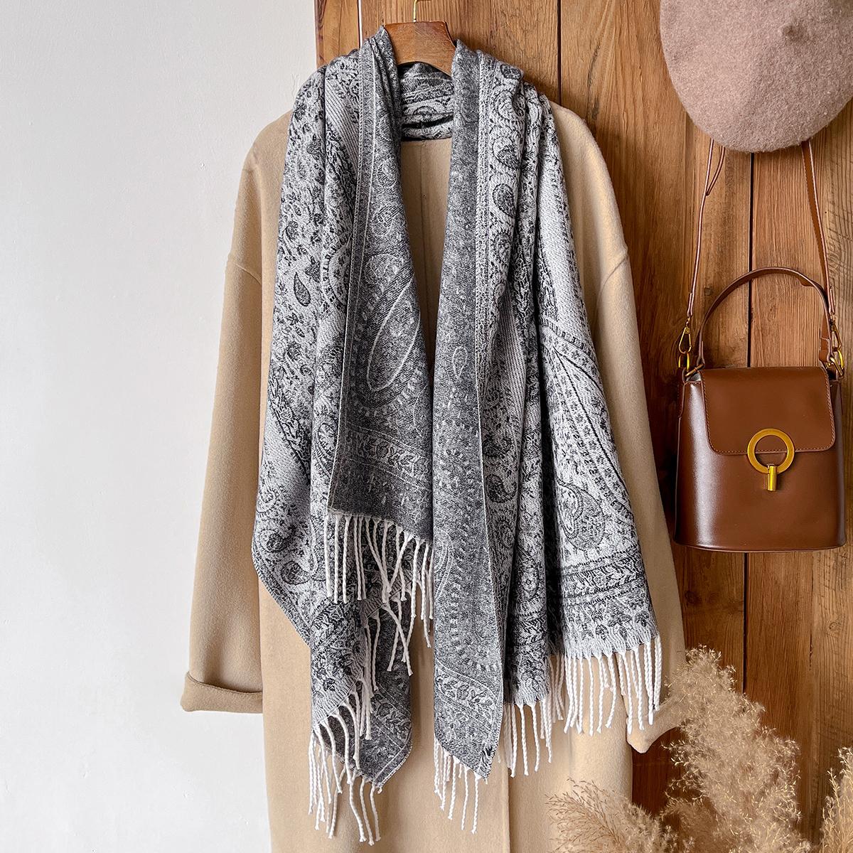 Châle en Cachemire Mode Hivernale Pour Femmes - Pashmina Épais Imprimé Peinture à l'Huile Vintage Floral à Franges, Écharpe gray