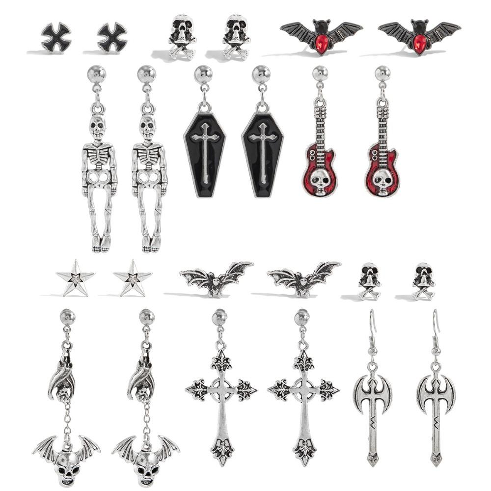 6pcs Set Dark Gothic Sliver Color Spider Web Bat Skull Blood-dripping Cross Stud Earrings for Women Men Halloween Jewelry Sets