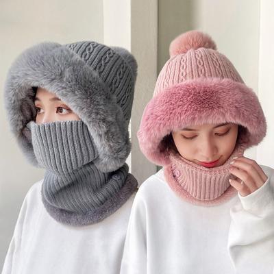 Bonnet tricoté d'hiver, écharpe, masque, bonnet en peluche, pompon, pour femme, doublure polaire, bonnet chaud, protection des oreilles, du cou, casquette de ski