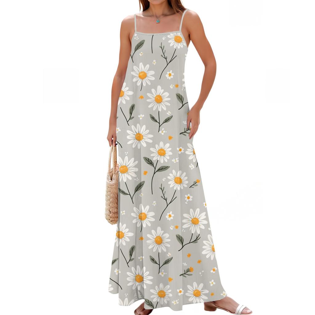 Women's Spring And Summer Casual Fashion Adjustable Suspender Printing Long Dress
